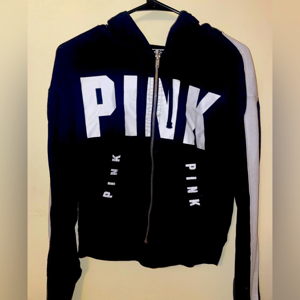 Black and White Pink Cropped Zip Up